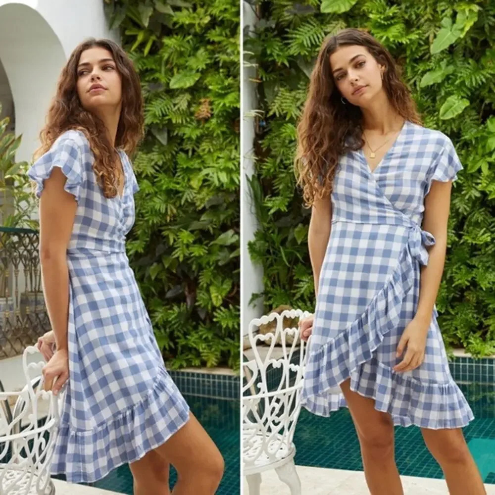 RAILS Brigitte Wrap Dress in Periwinkle Check Size Small